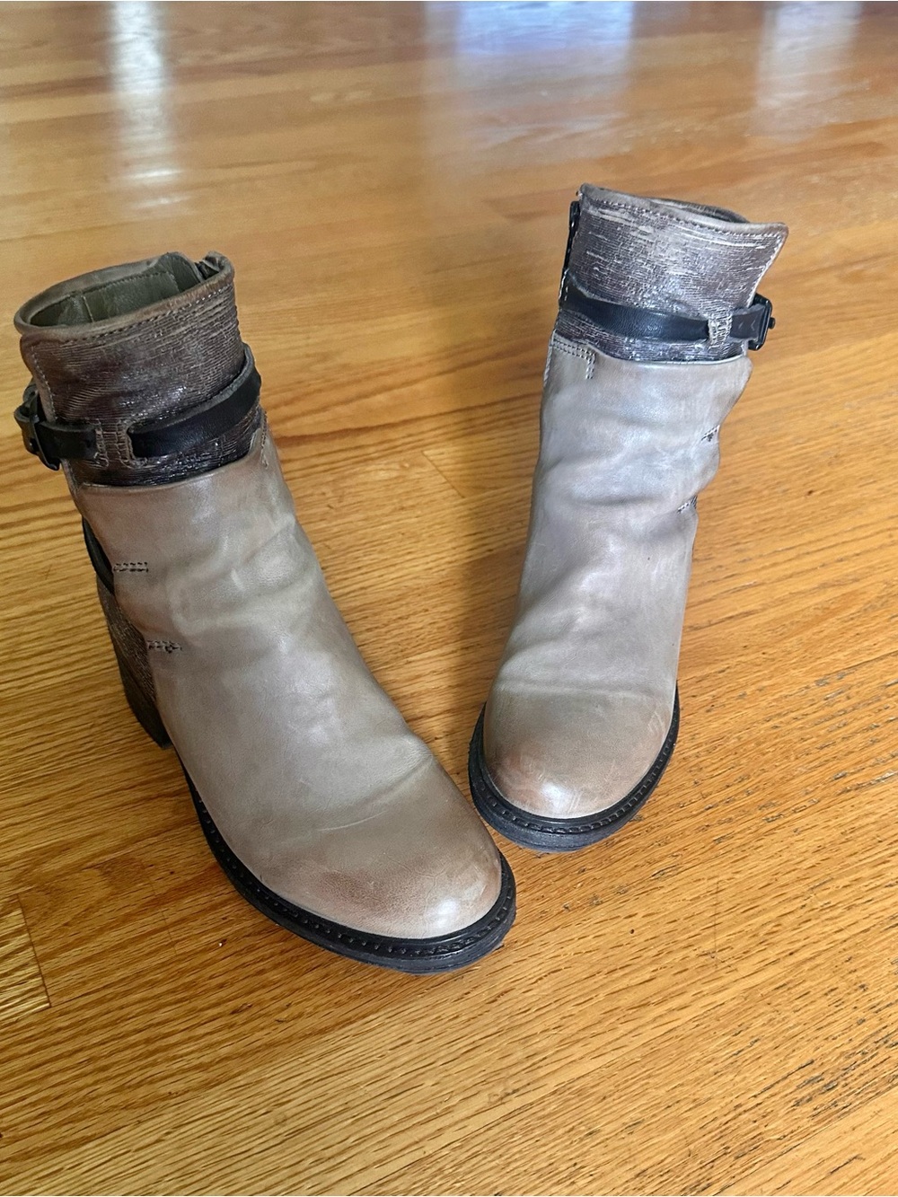 AS98 two tone Leather Ankle Boots with Buckle Detail